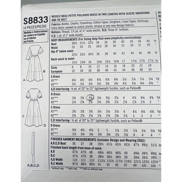 Simplicity S8833 Misses Pullover Shirt Dress Pattern Pockets Tie Belt Sizes 6-14 - Picture 4 of 4
